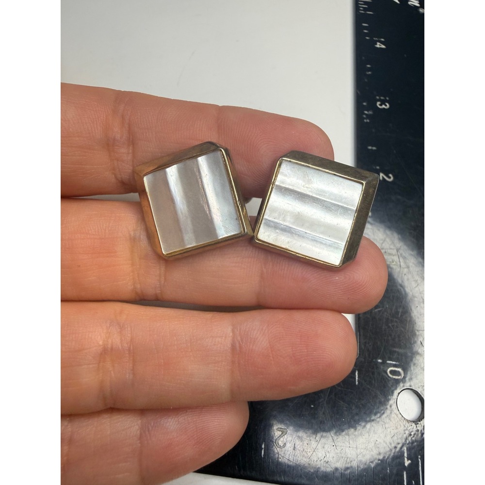 Gold Tone Square Mother of Pearl Inlay Cufflinks Tiered Iridescent Formal Wear